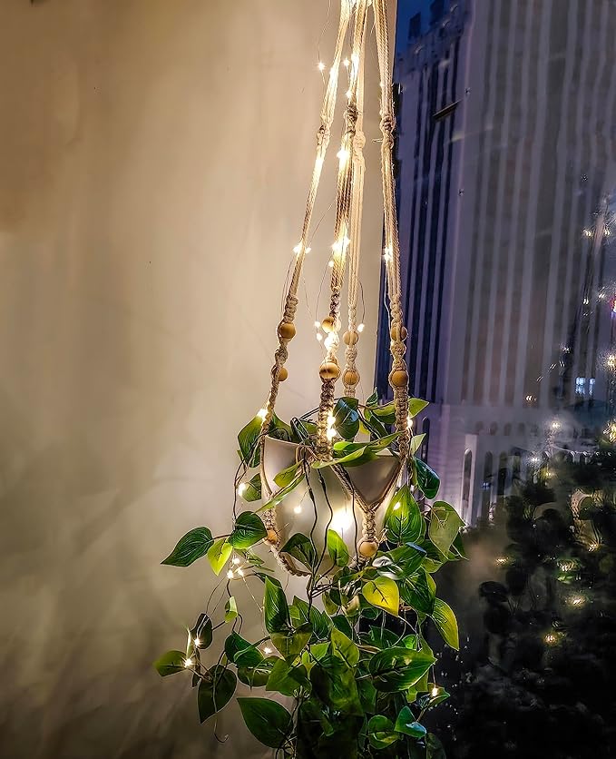 Comtelek Fake Hanging Plants with Lights Artificial Plants for Home Decor Macrame Plant Hanger with Fake Vines Faux Hanging Planter for Wall Ceiling Bedroom Bathroom Kitchen Office Boho Decor Indoor