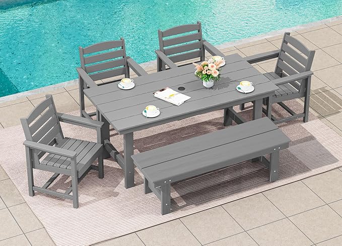 SERWALL Patio Dining Table and Bench Set for 6, Gray