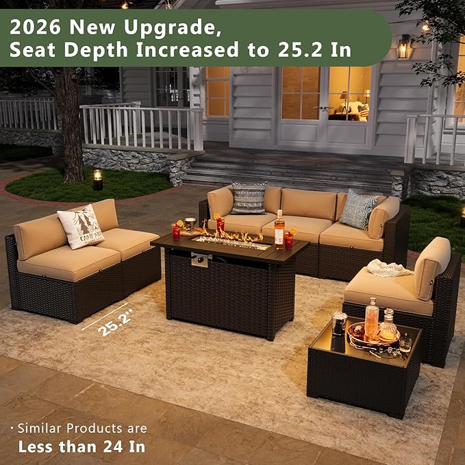 Aoxun 8 Piece Patio Furniture Set with 44” Fire Pit Table Wicker Rattan Patio Sectional Sofa Set Outdoor Seating Furniture with Thickened Cushion, Beige
