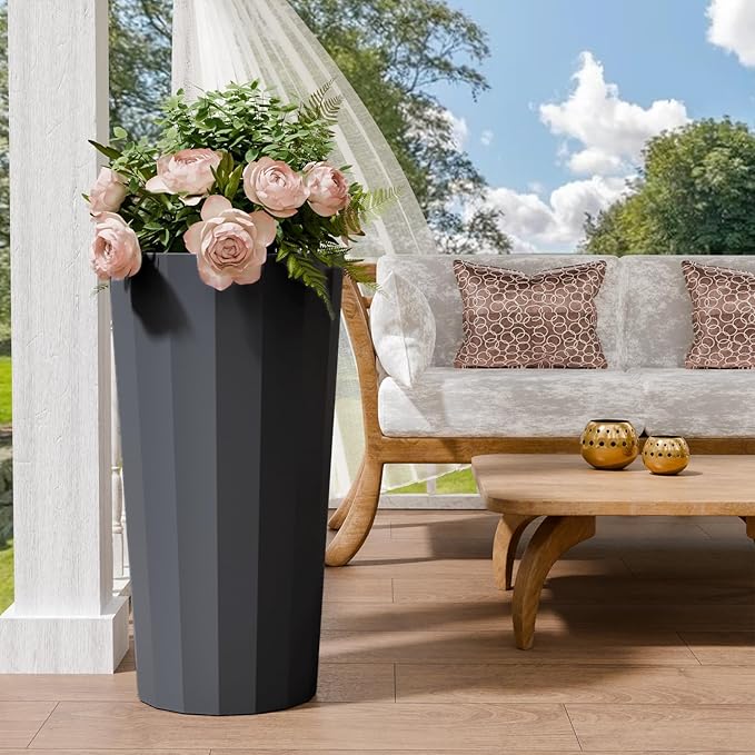 23.6" Tall Outdoor Planters Set of 2, Large Planters for Outdoor Plants for Porch Decor with Drainage Hole, Wide Stripe Design Porch Flower Pots for Indoor Pot Patio/Garden, Gray Blue