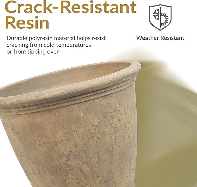 Sunnydaze 24-Inch Anjelica Large Plastic Pot for Plants - Outdoor Double-Walled Large Plastic Planter with Drillable Drainage Holes - Beige - 2pk