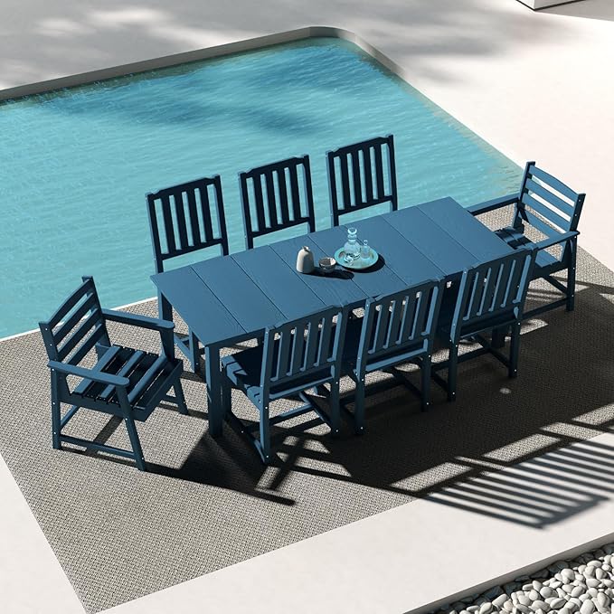 9-Piece Outdoor Dining Set for 8, 75.2'' HDPE Table with Umbrella Hole & Chairs, Weather-Resistant Patio Furniture for Lawn, Yard, Balcony, Deck Navy Blue