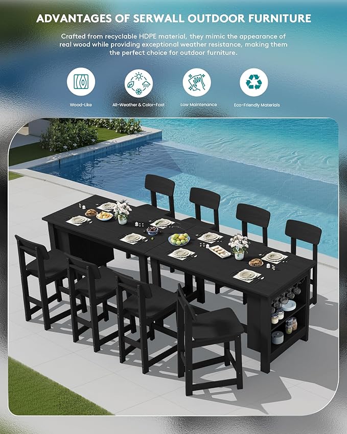 SERWALL 10-Piece HDPE Counter Height Dining Table Sets with Storage and Wine Rack, 2 Rectangular Bar Table with Bar Stools Set of 8 for Garden, Backyard, Kitchen, Black