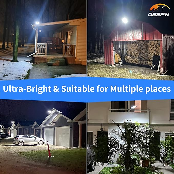 Deepn Solar Lights Outdoor, IP66 Waterproof Street Lights Outdoor, 6500K Dusk to Dawn Solar Security Flood Lights Motion Sensor with Remote Control for Yard, Entryway Garage, Porch 1 Pack
