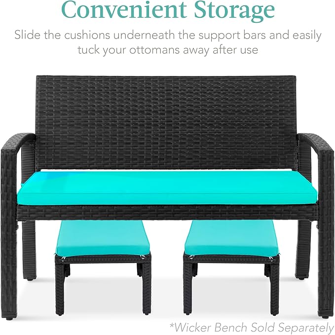 Best Choice Products Set of 2 Wicker Ottomans, Multipurpose Outdoor Furniture for Patio, Backyard, Additional Seating, Footrest, Side Table w/Removable Cushions, Steel Frame - Black/Teal
