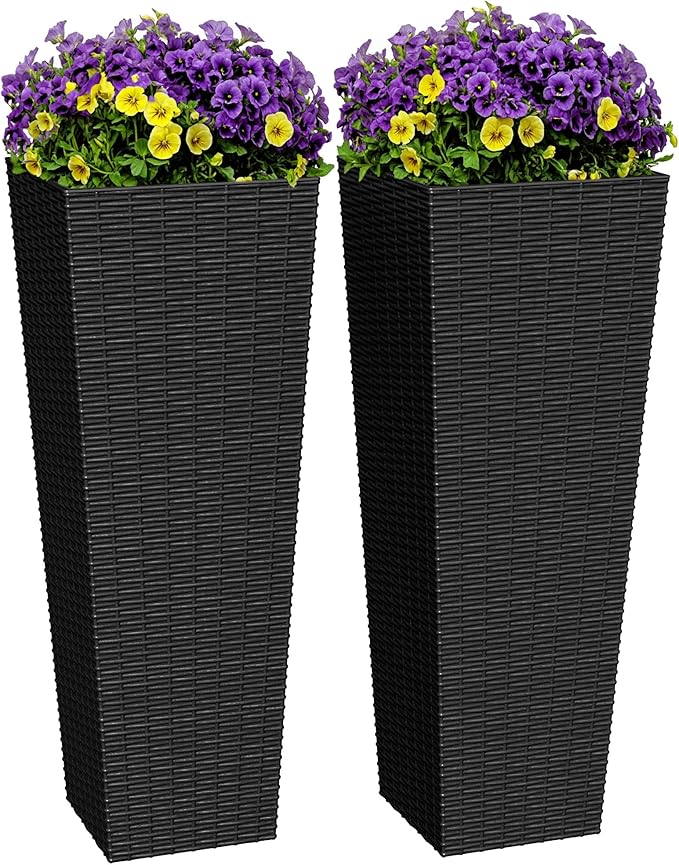 Greesum 32 Inch Tall Plastic Planters with Rattan Texture – Set of 2, Detachable Inner Pot & Drainage Holes, Indoor/Outdoor Decorative Flower Pots for Large Plants, Trees, Patio, and Garden, Black