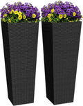 Greesum 32 Inch Tall Plastic Planters with Rattan Texture – Set of 2, Detachable Inner Pot & Drainage Holes, Indoor/Outdoor Decorative Flower Pots for Large Plants, Trees, Patio, and Garden, Black