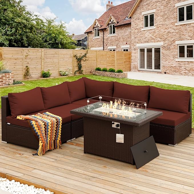 NICESOUL 6 Piece L-Shaped Modern Outdoor Furniture Set with Firepit Natural Gas/Propane, 29.3'' High-Back Deep Wide Seat Patio Conversations for Outside, Large Size Sofa, Brown Rattan and Red Cushion