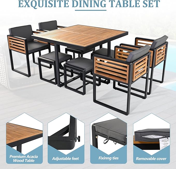 Merax 18 Pieces Outdoor Dining Set for 16 People, Acacia Wood Patio Furniture Sets with 2 Square Tables, 8 Cushioned Chairs and 8 Ottomans for Backyard, Garden, Lawn, Poolside, Gray