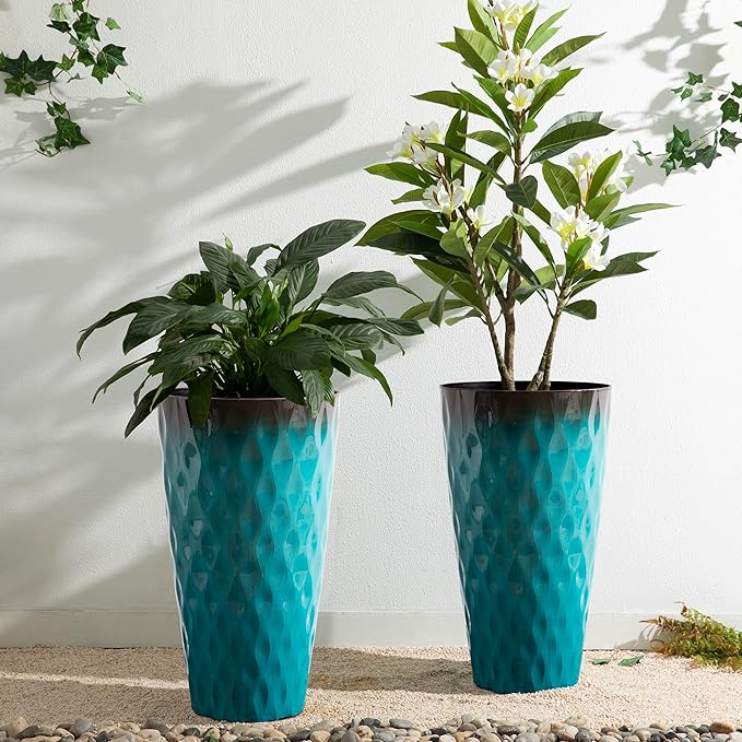 Glitzhome 23.75" H Oversized Tall Planter, Set of 2 Wavy Texture Turquoise Large Planters for Outdoor Plants, with Drainage Hole, Plastic Large Flower Pots for Porch,Garden, Patio or Indoor Use