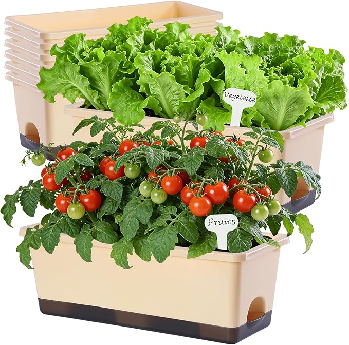 Window Box Planter 8 Pcs, 17 Inches Rectangle Flower Pots with Drainage Holes & Trays, Vegetable Planters for Windowsill Patio Garden Balcony Home Indoor Outdoor (Barley Yellow, 16 * 7 * 6 inch)