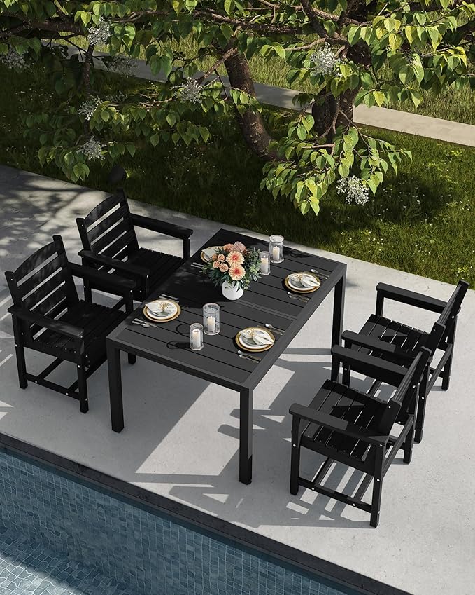 SERWALL Outdoor Expandable Dining Table 60" - 83", Patio Dining Table for 4-10 People, All Weather HDPE and Aluminum Outdoor Furniture for Backyard, Garden, Black