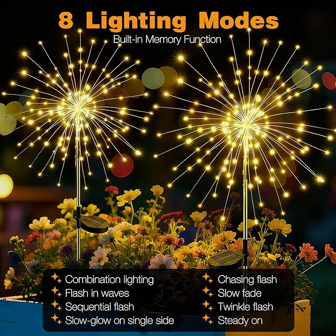 btfarm 4 Pack 120 LED Solar Garden Lights Outdoor, 8 Modes Firework Lights Solar Powered, Waterproof Twinkle Fairy Light Outside for Yard Patio Pathway Pool Christmas Party Decorative, Warm White