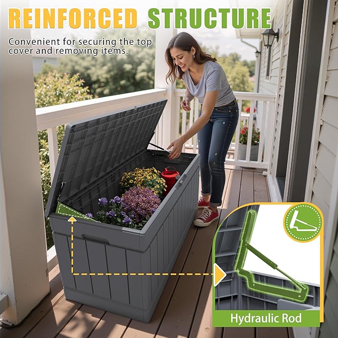 Greesum Outdoor Storage Box 82 Gallon Storage Bin with Lid for Patio Furniture, Garden Tools, Pool Supplies, Waterproof and UV Resistant, Lockable, Gray