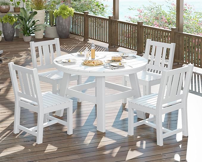 AMERLIFE 5 Piece HDPE Outdoor Dining Table & Chairs Set, All-Weather Patio Table and Chairs Set Furniture with Umbrella Hole for Garden, Backyard, Poolside, Seaside, White