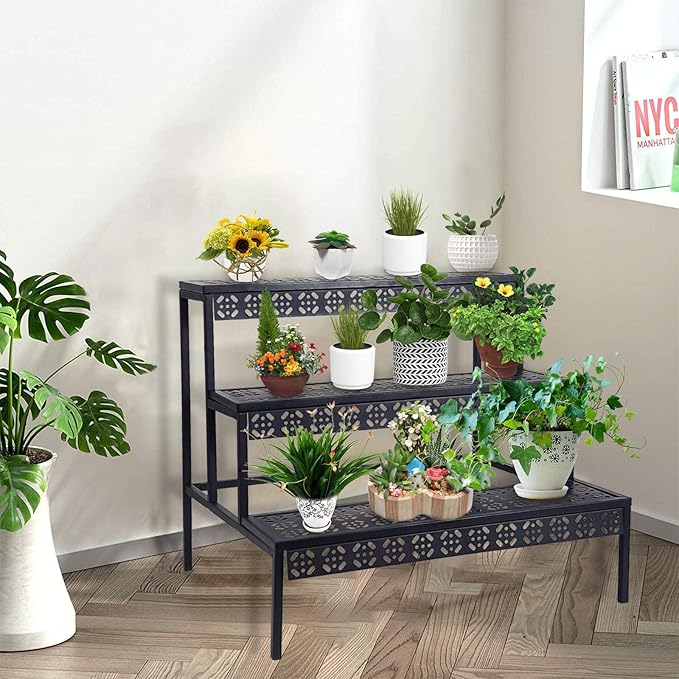 aboxoo 3 Tier Stair Style Large Metal Plant Stand, Garden Display Shelf Flower Pot Holder Storage Organizer Rack for Indoor Home Outdoor Patio Balcony Yard( Black, Rectangle)