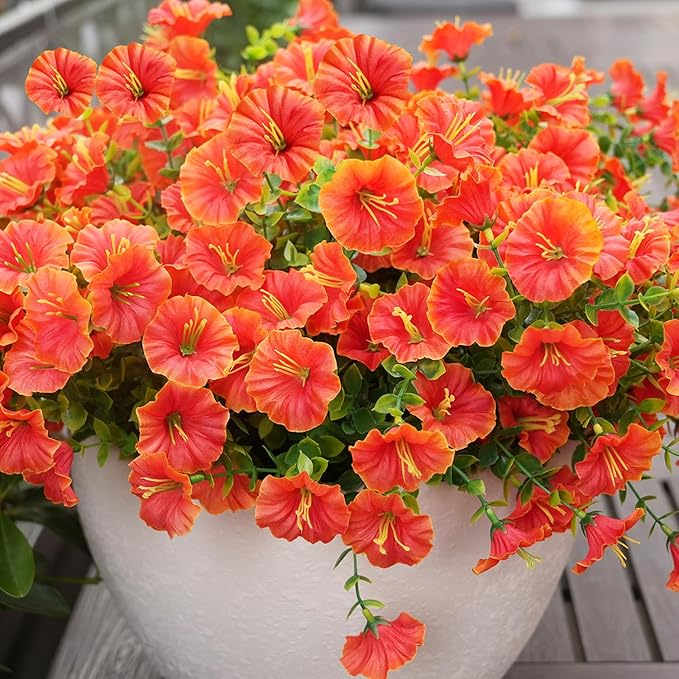 Artificial Flowers for Outdoors, UV Resistant Fake Silk Morning Glory, Realistic Faux Plants for Outside Porch Patio Window Box Hanging Planter (16, Orange)