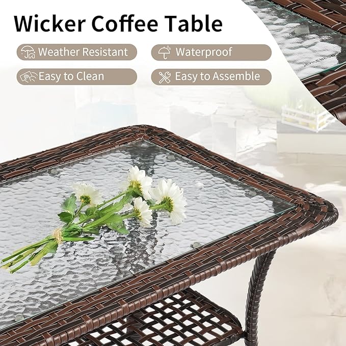 VINGLI Outdoor Coffee Table with Storage Wicker Patio Coffee Table, Tempered Glass Top Coffee Table for Patio Outside Balcony Porch Deck (Brown)