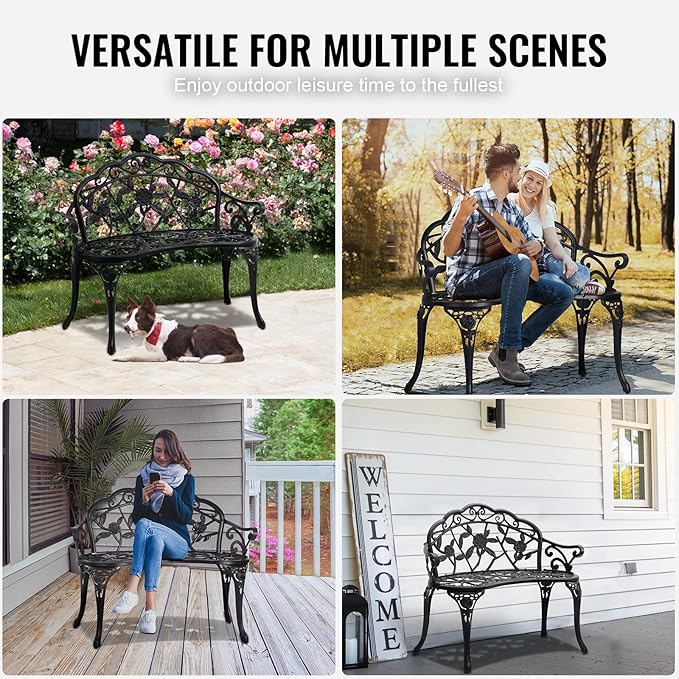 VEVOR 480 lbs Load Capacity, 38.8 inches Metal, Outdoor Backrest and Armrests, Patio Bench for Garden, Park, Yard, Front Porch, Black