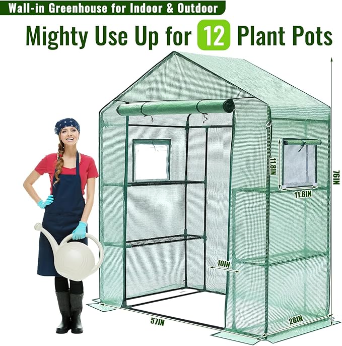 Greengro Greenhouse, 28 x 57 x 76'' Greenhouses for Outdoors, Small Plant Green House with Screen Windows, 3 Tiers 4 Shelves, Durable PE Cover, Plastic Portable Walk in Greenhouses for Outside Indoor