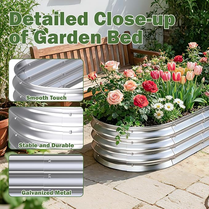 Galvanized Raised Garden Bed Outdoor, 4x2x1ft Metal Heavy Duty Planter Boxes for Gardening, Easy Assemble Small Oval Plant Container Kit for Vegetables, Flowers, Fruits, Silver, 1 Pack