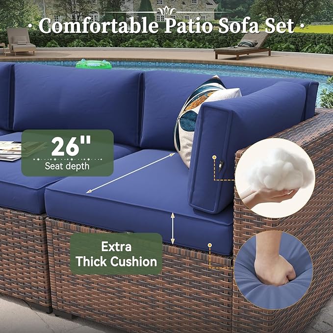 Aoxun 8-Piece Outdoor Patio Furniture Set - 44” Fire Pit Table, Durable Wicker Rattan Sectional Sofa with Coffee Table, Comfy Thickened Cushions, Blue (Waterproof Cover Included)