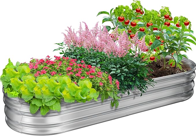 GOOZOO Galvanized Planter Raised Garden Bed, 4x2x1 ft Raised Garden Bed Kit for Gardening Outdoor, Oval Metal Land Planter Box for Vegetables, Flowers, Herbs, Fruits, Easy Assembly（Silver）