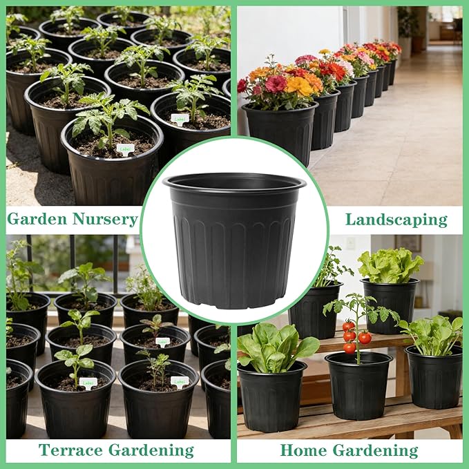 60-Pack 2 Gallon Flexible Plastic Plant Pots with 50Pcs Plant Labels,Thickened Soft Seed Starting Container for Indoor Outdoor Plants, Seedlings, Vegetables, Succulents and Cuttings