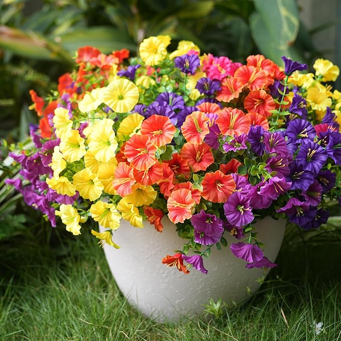 Artificial Flowers for Outdoors, UV Resistant Fake Silk Morning Glory, Realistic Faux Plants for Outside Porch Patio Window Box Hanging Planter (12, Purple Fuchsia Yellow Orange)