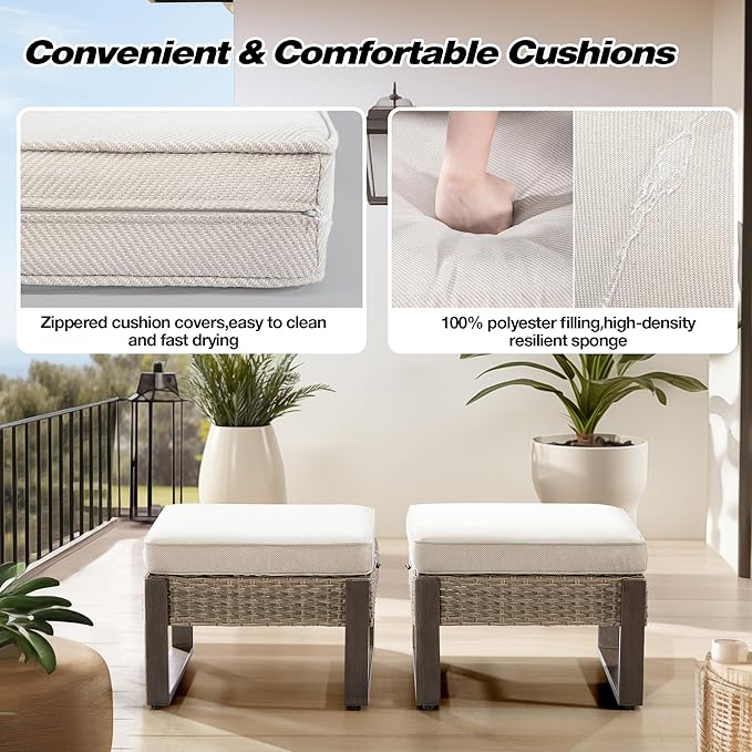 Joyside Outdoor Patio, All-Weather PE Rattan Ottomans Footstools with Removable Cushions & Anti-Rust Wood-Looking Legs for Garden, Backyard, Porch, Deck (Beige)