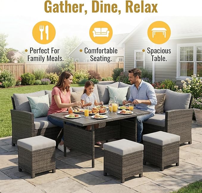 Wisteria Lane 7 Piece Patio Furniture Set, High Curved Back Wicker Patio Sectional, All Weather Outdoor Dining Set, Outdoor Furniture Patio Conversation Set with Ottoman, Grey