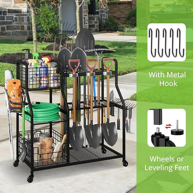 keomaisyto Garden Tool Organizer with Heavy Duty Wheels for Garage - with 2 Baskets, Large Yard Tool Organizer and Storage Holder, Utility Garden Tool Rack for/Shed/Garage/Yard/Basement/Lawn