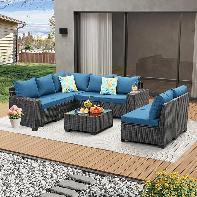 8 Pieces Patio Furniture Set All-Weather Outdoor Wicker Sectional Conversation Sofa Rattan Patio Seating Sofa with Cushion and Glass Table for Porch Poolside,Peacock Blue