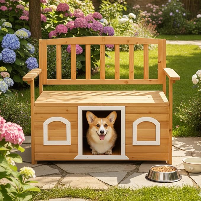 VINGLI Outdoor Storage Bench with Built-in Dog House, 2-in-1 Outdoor Waterproof Patio Bench with Pet Kennel for Patio Backyard Porch (Natural)