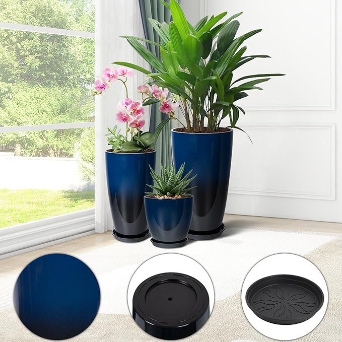 24/21/12 Inch Large Plastic Planter, Lightweight Ceramic-Look Tall Planters with Drain Hole & Saucers, Tall Plastic Planters for Porch, Garden, Patio, Balcony(Dark Blue)