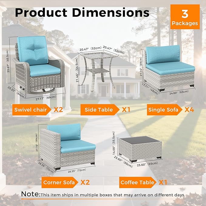 8-Seat Modern Patio Furniture Set with Swivel Rocking Chairs, Thick 4″ Cushions, Dual-Strand Wicker Rattan, Rust-Resistant Steel Frame – Outdoor Conversation & Modular Sectional,Blue