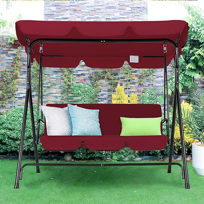 AECOJOY Porch Swing with Stand, 3-Seat Outdoor Clearance Porch Swings for Adults, Outdoor Patio Swing with Adjustable Canopy & Removable Cushion for Backyard, Garden, Yard, Poolside, Balcony (Red)