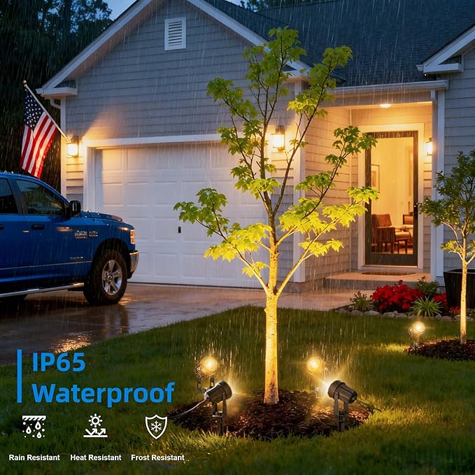 All-in-One Low Voltage Landscape Lighting, Dusk to Dawn Transformer Timer, Waterproof Spotlights, Dimmable LED Outdoor Landscaping Lights Kit for Yard Backyard Tree House 24V (6 pack warm white)