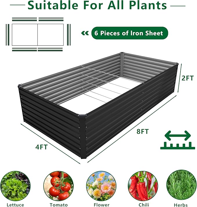 8x4x2FT Galvanized Raised Garden Bed Kit,Vegetable Plant Boxes-Rectangle Metal Flower Box,Large Planter Raised Beds Outdoor Garden for Planting,Fruit,Herb-Black