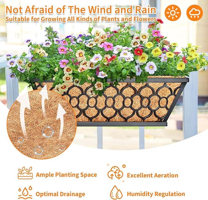 Riare 2 Pack 16 Inch Window Boxes Planters with Coco Liner, Metal Deck Railing Planter Boxes, Balcony Planters Railing Hanging, Horse Trough Window Flower Planter Boxes for Outdoor Porch Fence Patio