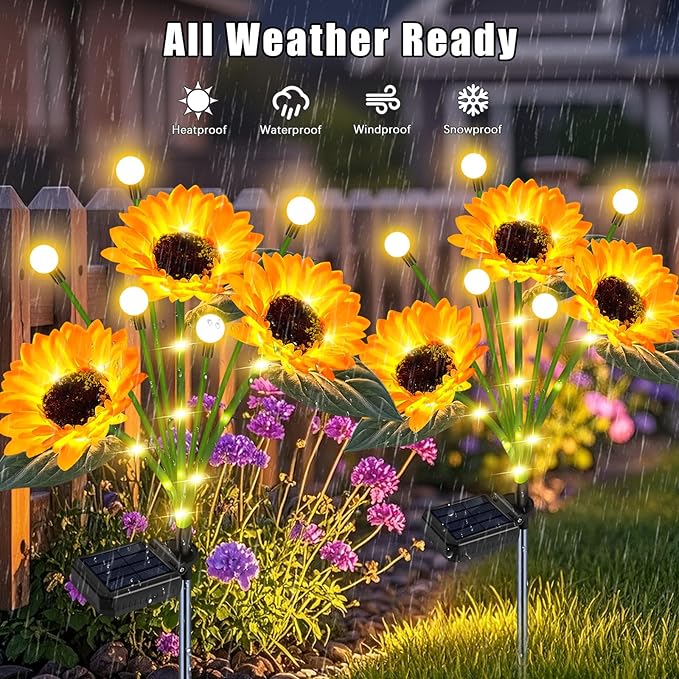Solar Sunflower Lights Outdoor 6 Pack Sunflower Firefly - Gifts for Mom Women Grandma, Waterproof Flower Lights for Garden Pathway, Birthday Mothers Day Decor