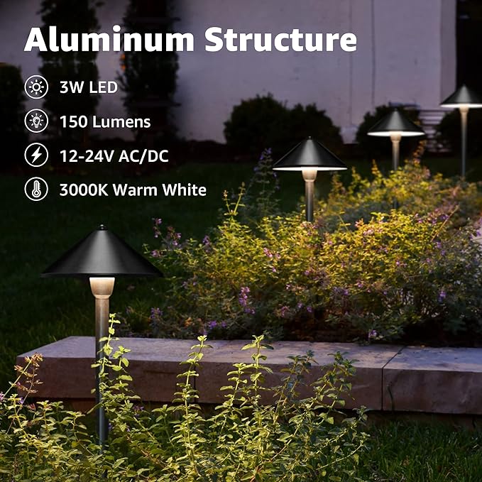 SUNVIE Low Voltage Landscape Lights 3W LED Pathway Lights Low Voltage 3000K Landscape Lighting 12-24V Waterproof Aluminum Wired Landscape Path Lights for Garden Walkway Yard ETL Listed Cord, 12 Pack