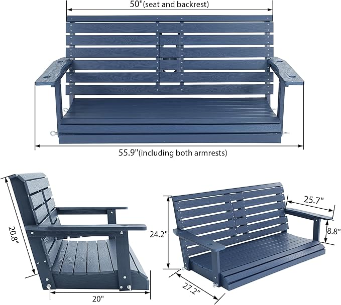 Poly Lumber 2-Seat Porch Swing, HIPS 4.5-Feet Bench Swing with Foldable Cup Holders,18/8 Stainless Steel Hardware, High Backrest and Deep Contoured Seat (Navy Blue, 4.5-feet)