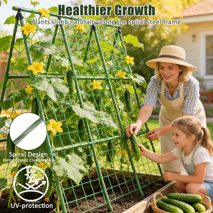 Miory Cucumber Trellis for Raised Beds, 48 x 48 Inch Metal A-Frame Garden Trellis for Climbing Plants Outdoor with Climbing Net, Plant Support for Cucumber Tomato Bean Pea