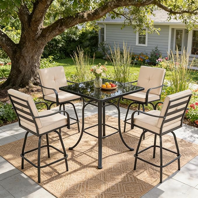 Patio Swivel Bar Stools Set of 4, Outdoor Bar Height Swivel Chairs with Cushions for Garden Balcony Backyard, Beige