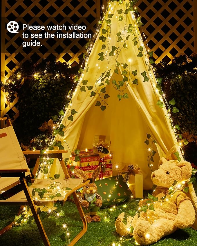 Brightown Solar Fairy Lights Outdoor, 2 Packs Total 66Ft Solar String Lights with Ivy, Plant Vine for Camping Outside Garden Yard Fence Wall