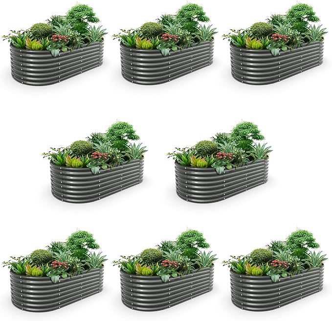 A ANLEOLIFE 8-Set 8X4X2 ft Galvanized Raised Garden Bed Kit, Oval Metal Deep Root Planters for Outdoor Plants, Quartz Grey