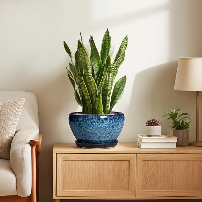 Ceramic Pots for Plants - 9 Inch Plant Pot Indoor with Drainage Hole and Saucer, Ceramic Planters for Outdoor Plants, Round Modern Flower Pot, Housewarming Gifts, Home Decor, Blue