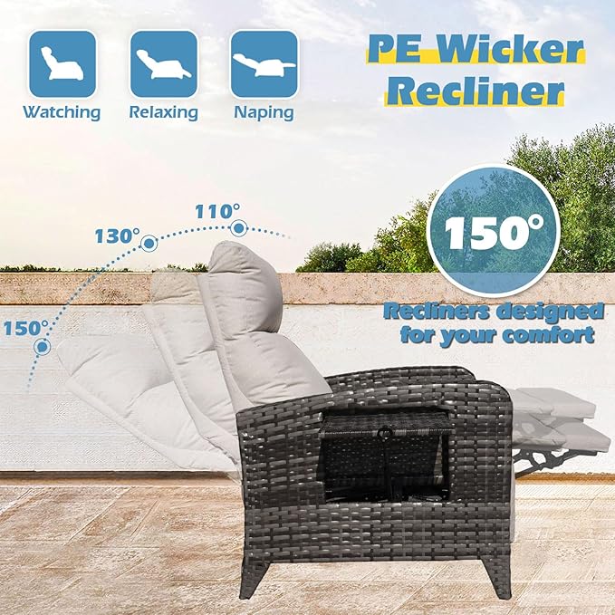 Outdoor Recliner Chairs Set of 2 Reclining Patio Chairs with Adjustable Back and Extended Footrest Wicker Rattan Recliner Chairs with Flip Table and Removable Cushion