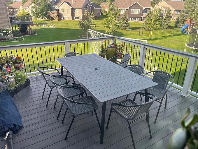95" Patio Outdoor Dining Table for 8-10, Weather-Resistant Aluminum Frame with Wood-Grain Top & Umbrella Hole for Deck Gatherings, Grey